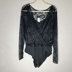 City Chic New Black Lace Overlay V Neck Long Sleeve Bodysuit Size 18 Women's